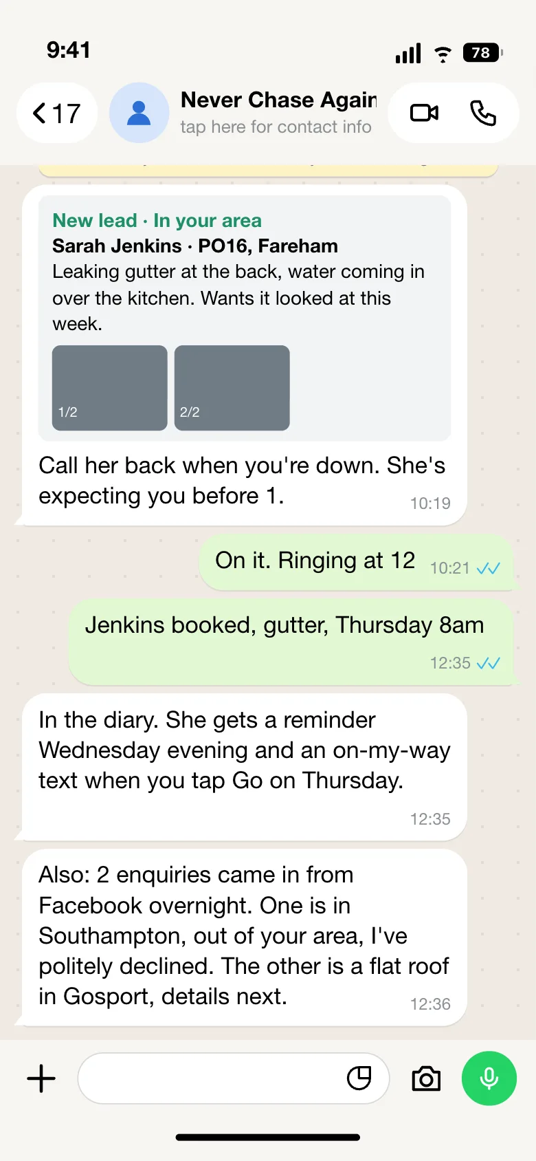 WhatsApp chat: new lead qualified while the roofer was on a job