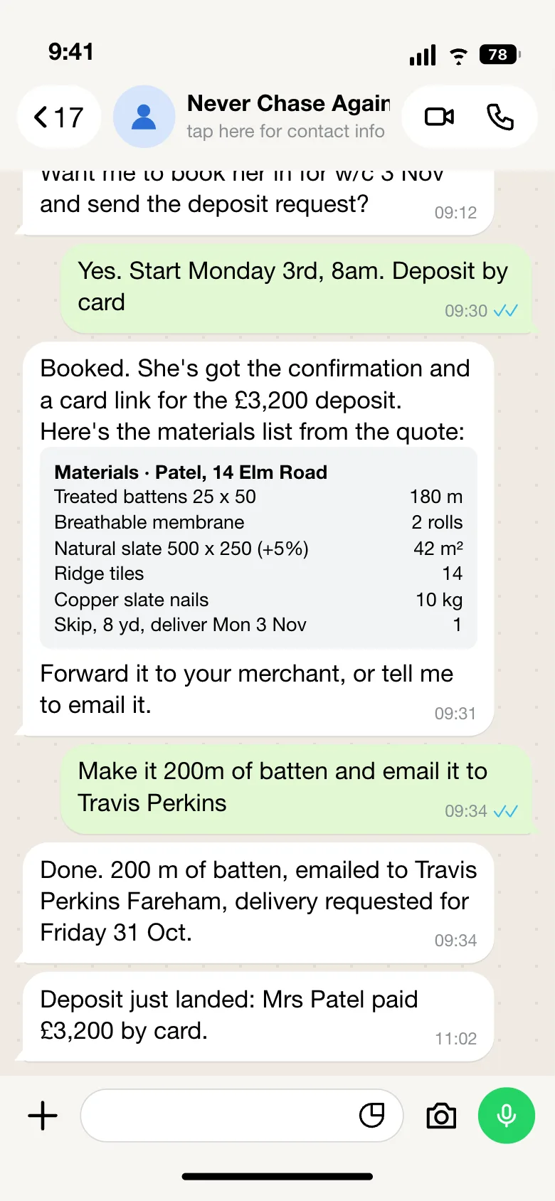 WhatsApp chat: quote accepted, deposit link sent, materials list emailed to the merchant