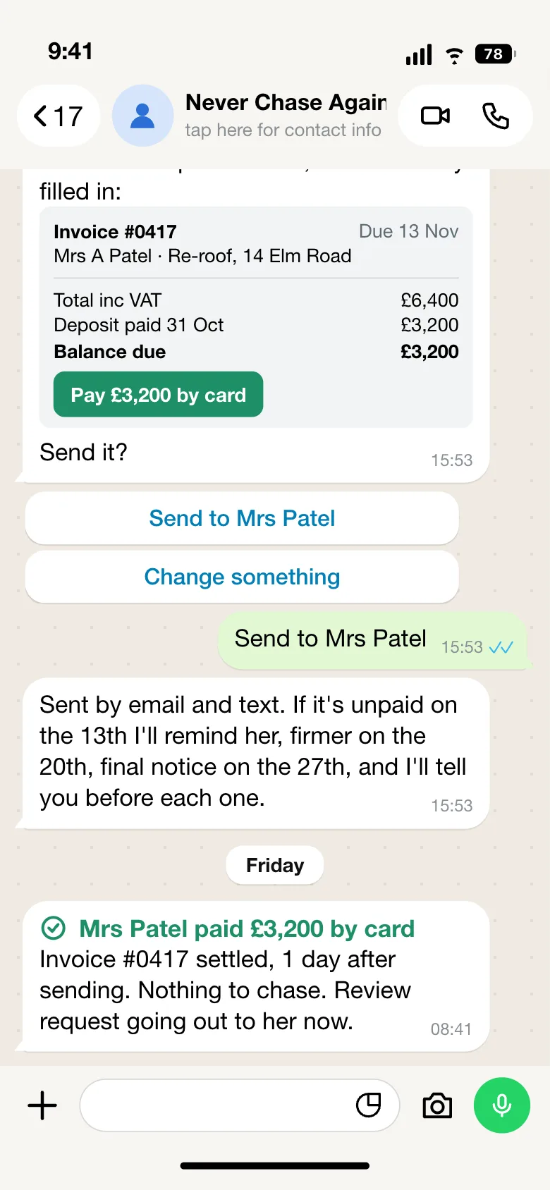 WhatsApp chat: invoice with card link sent, paid one day later